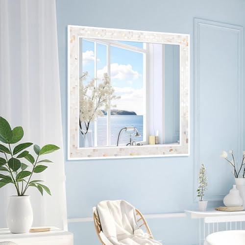 White Framed Bathroom Wall Mirror, 30 x 30 Inch Rectangle Mirrors - Image 6