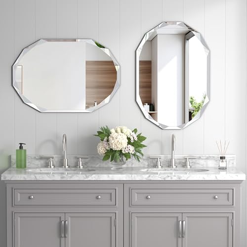 28" x 20" Silver Oval Bathroom Mirror Beveled Edge Frameless Mirrors - Image 2