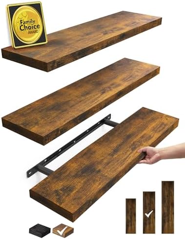 BAYKA Rustic Brown Floating Shelves 22.5in, 3 Pack, Wall Mount Wood Shelf by Bayka