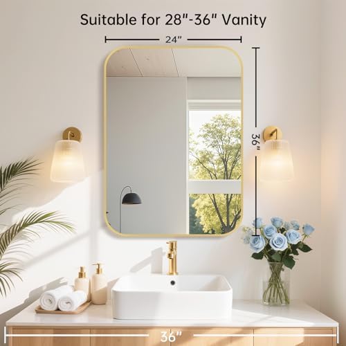 24x36 Inch Gold Bathroom Mirror, Brushed Brass Gold Metal Framed Rectangular - Image 6