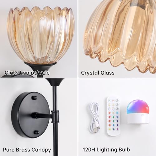 Shenmoyl Battery Operated Wall Sconce Set of 2, Amber Tulip Vintage Wall Light - Image 5