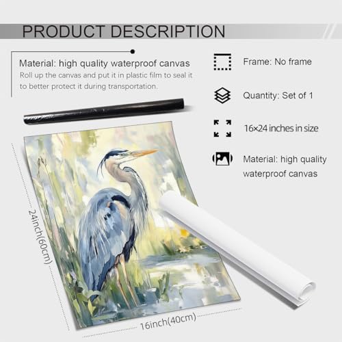 Blue Heron Canvas Wall Art Watercolor Sea Bird Poster Coastal Nature Wildlife - Image 2