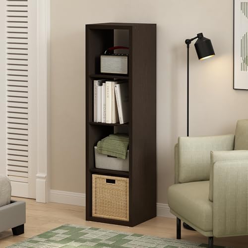 Furinno Cubicle 4-Cube Book Shelf, Extra Thick Vertical Bookshelf, Dark Oak - Image 2
