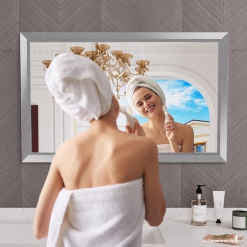 Amorho Bathroom Mirror for Wall 48x30 Inch, Brushed Silver Metal Framed - Image 6