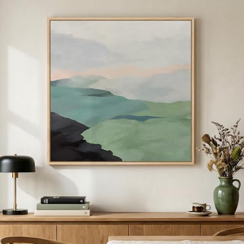 Framed Modern Neutral Green Landscape Abstract Canvas Wall Art, 24x24 In by Cuspin