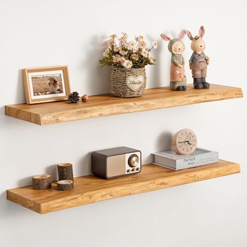36" Live Edge Floating Shelves, Solid Elm Wood Shelf by Unknown
