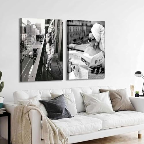 2pcs Framed Black and White Wall Art Women Reading Newspaper Poster, Funny - Image 5