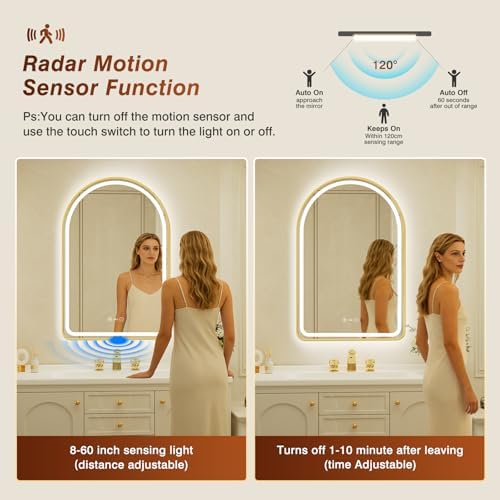 26x40 Inch Arched Gold Framed LED Bathroom Mirror - Image 4