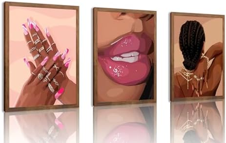 Black Womenl Pink Wall Art Aesthetic Set of 3, African American Black Girl by Unknown