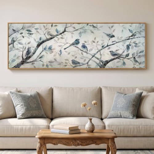 Framed Long Narrow Blue Bird Nature Landscape Horizontal Wall Art, 60x20 In by MXART