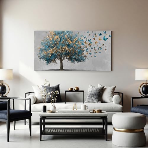 YISXINOAG Blue Gold Tree of Life Wall Art Butterfly Landscape Print 20"X40" - Image 3