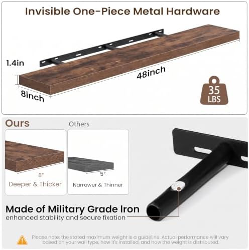 48x8in Floating Shelves 2 Pack, Wall Mount Display Shelf, Rustic Brown - Image 3