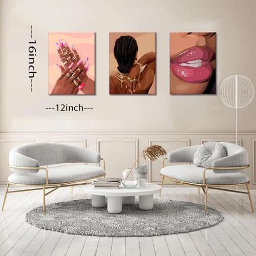 Black Girl Pink Wall Art Set of 3 African American Black Women Canvas Posters - Image 3