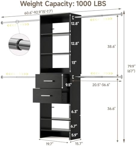 Walk-in Closet System, Wall Mounted Garment Rack, Closet Shelving Black - Image 2
