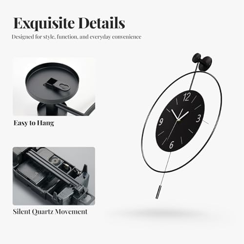 Cuspin Modern Wall Clock with Pendulum, Large Black Metal Decorative Clock - Image 5