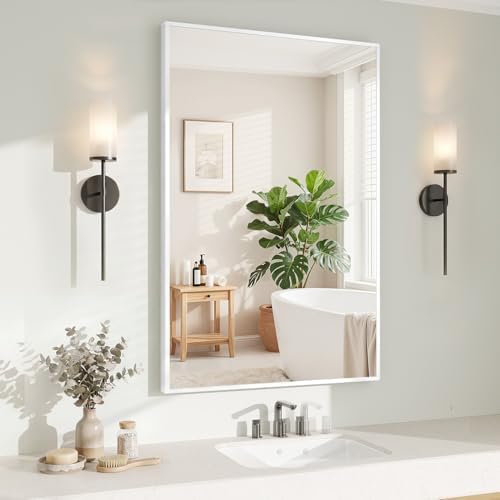 Koonmi White Rectangle Wall Mirror, 26x38 Inch Bathroom Mirror, Aluminum Frame by KOONMI