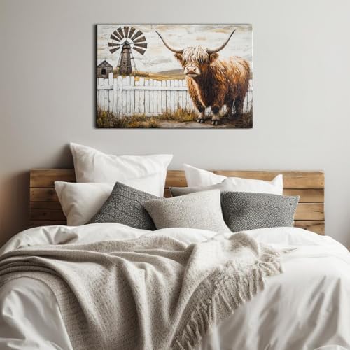 Country Farm Autumn Landscape Canvas Wall Art Vintage Longhorn Cow Pictures - Image 2