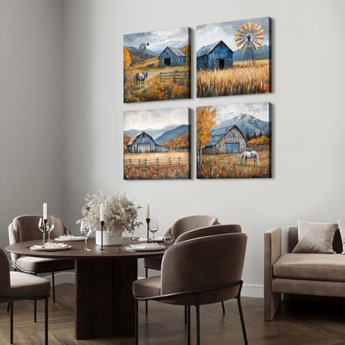 Farmhouse Kitchen Decor Mountain Wall Art Rustic Barn Windmill Pictures Autumn - Image 6
