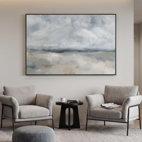 Extra Large Framed Neutral Blue Gray Abstract Wall Art, Horizontal 60x40 In - Image 3