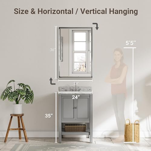 Silver Bathroom Mirror, 24x36 Inch Beveled Silver Vanity Mirror - Image 2