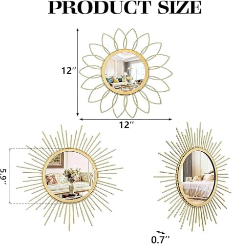 Boho Sunburst Wall Mirror Set of 3, 12 Inch Round Antique & Modern Metal Wall - Image 3