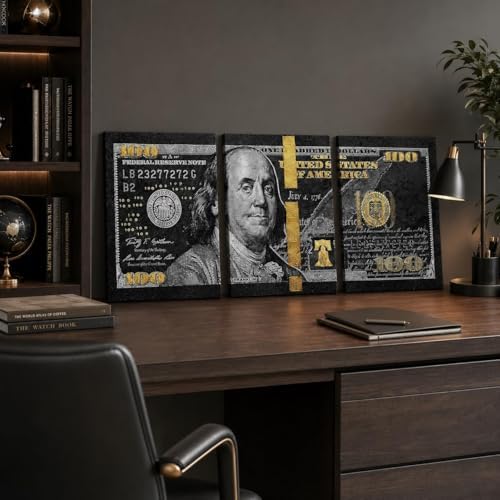 Yatsen Bridge Money Wall Art Black and Gold 3 Panel 100 Dollar Bill Canvas Print - Image 3