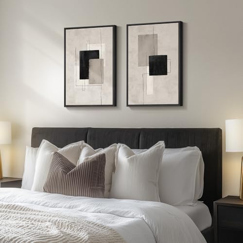Framed Modern Black Beige Abstract Canvas Wall Art Decor Set of 2, 16x24 In - Image 2