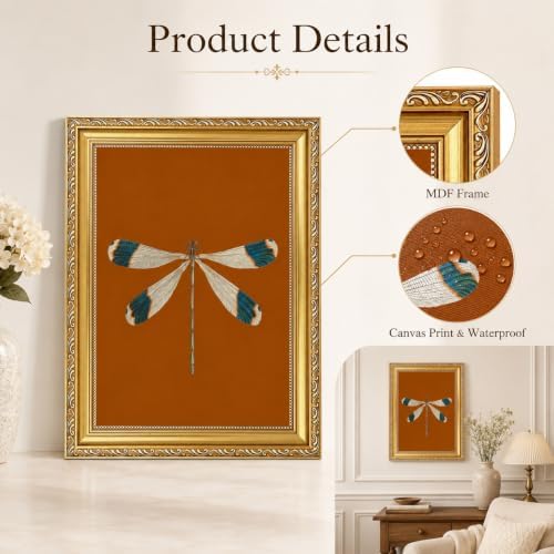 Gold Framed Dragonfly Wall Art, Antique Insect Picture Wall Decor11x9in - Image 3