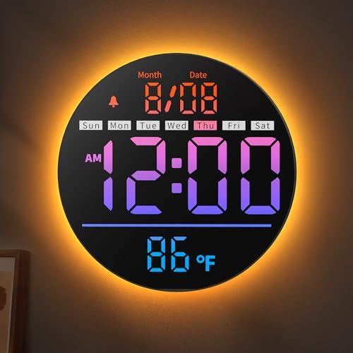 8in Round Digital Wall Clock, RGB Color Display, Auto DST, Temperature by Unknown