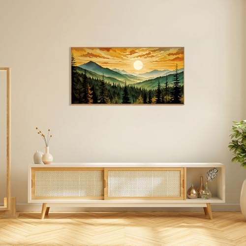 LHIUEM Large Boho Sunset Mountain Framed Canvas Wall Art, Retro Pine Tree Wall - Image 4