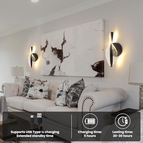 LED Wall Sconces Set of Two Battery Operated, 5000mAh USB Rechargeable Black - Image 6