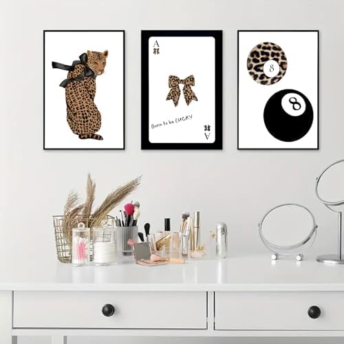 Set of 3 Trendy 8 Ball Leopard Wall Art Ace Card Bow Wall Decor Pictures Funky - Image 7
