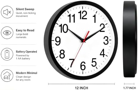 Rohioue Wall Clock Analog 12 Inch Black Battery Operated Silent Clock - Image 3