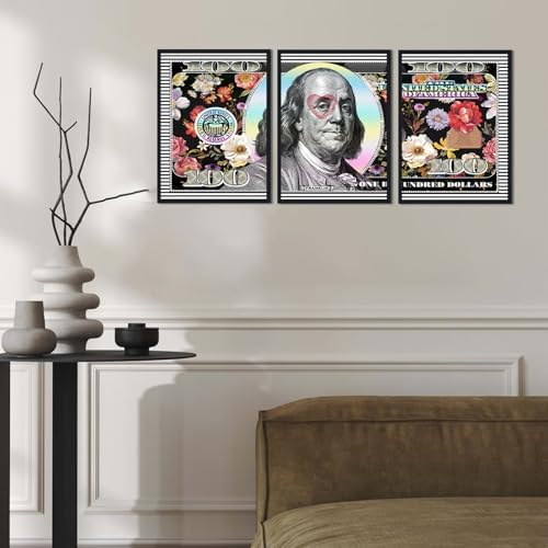 Black Framed Wall Art Canvas Money 100 Dollar Flowers Painting 3 Panels - Image 3
