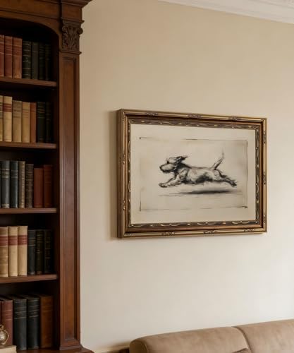 Vintage Gold Framed Wall Art Antique Terrier Sketch Wall Art Running Dog Wall - Image 3