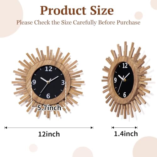 Honiway 12 Inch Wall Clock, Battery Operated, Rustic Wood Boho Sunburst - Image 3