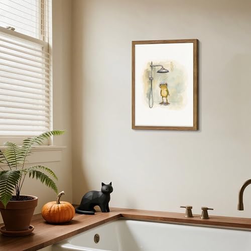Framed Funny Frog Canvas Wall Art, Cute Frog Showering in Bathroom Canvas Prints - Image 2