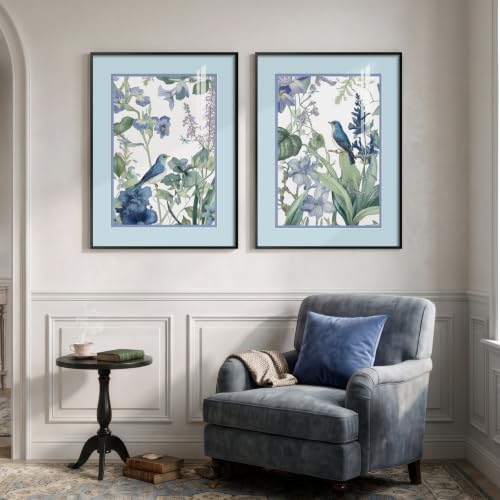 Framed Vintage Blue Floral Bird Botanical Wall Art - Image 3