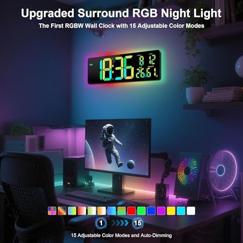 17.3"Large Digital Wall Clock 15 Color Modes Display 8 Color Night Light - Image 3