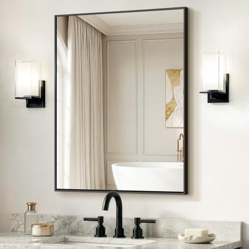 Delma Bathroom Vanity Mirror, 30x24 Black Metal Framed Mirror by Delma