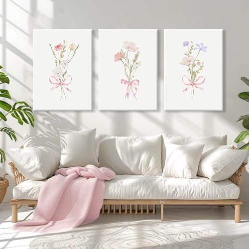 Girl Flower Bow Wall Art Coquette Pink Floral Canvas Wall Decor Nursery - Image 3