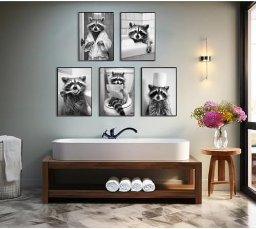 Bathroom Raccoon Decor Wall Art Funny Toilet Animal Canvas Pictures Black And - Image 5