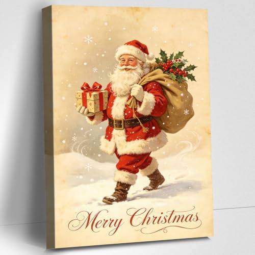 AVANT GARDE CANVAS Christmas Canvas Wall Art, Vintage Santa Holding Gift Box by AVANTCARDECANVAS