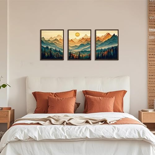 Framed Boho Wall Art Set of 3, Boho Wall Decor, Sunrise Mountain Canvas Prints - Image 2