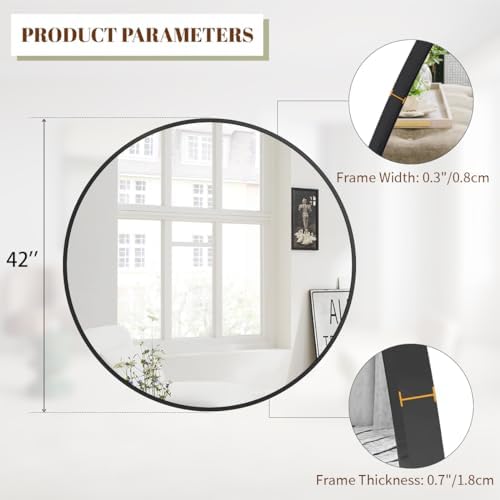 BEAUTYPEAK 42 Inch Round Mirror, Metal Frame Circle Mirror - Image 5