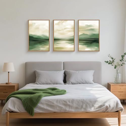 FWIEXA Sage Green Abstract Canvas Wall Art Set of 3, Framed Beige White - Image 3