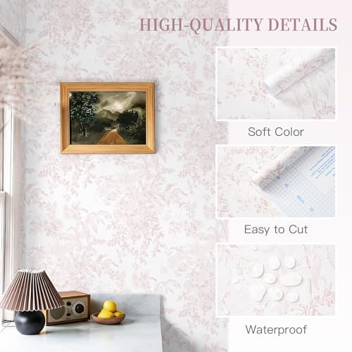 Heroad 17.3''X393'' Pink Peel and Stick Wallpaper Vintage Floral Contact Paper - Image 2