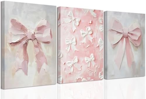 Pink Bow Canvas Wall Art Set of 3 Coquette Oil Painting Cute Bow Posters Wall by wallart