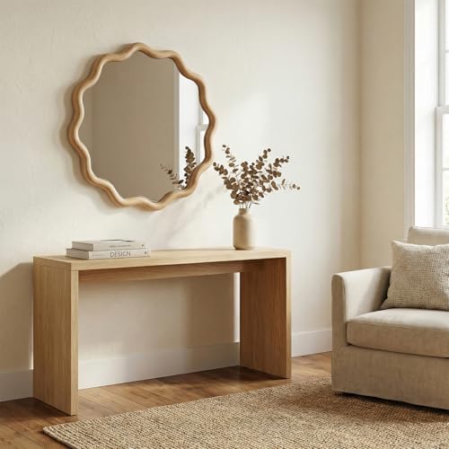 Furnaza 24" Round Wall Mirror, Wooden Boho Wavy Mirror by Furnaza