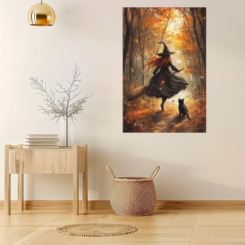 Forest Witch Black Cat Canvas Wall Art, Autumn Halloween Witch Poster Decor - Image 4
